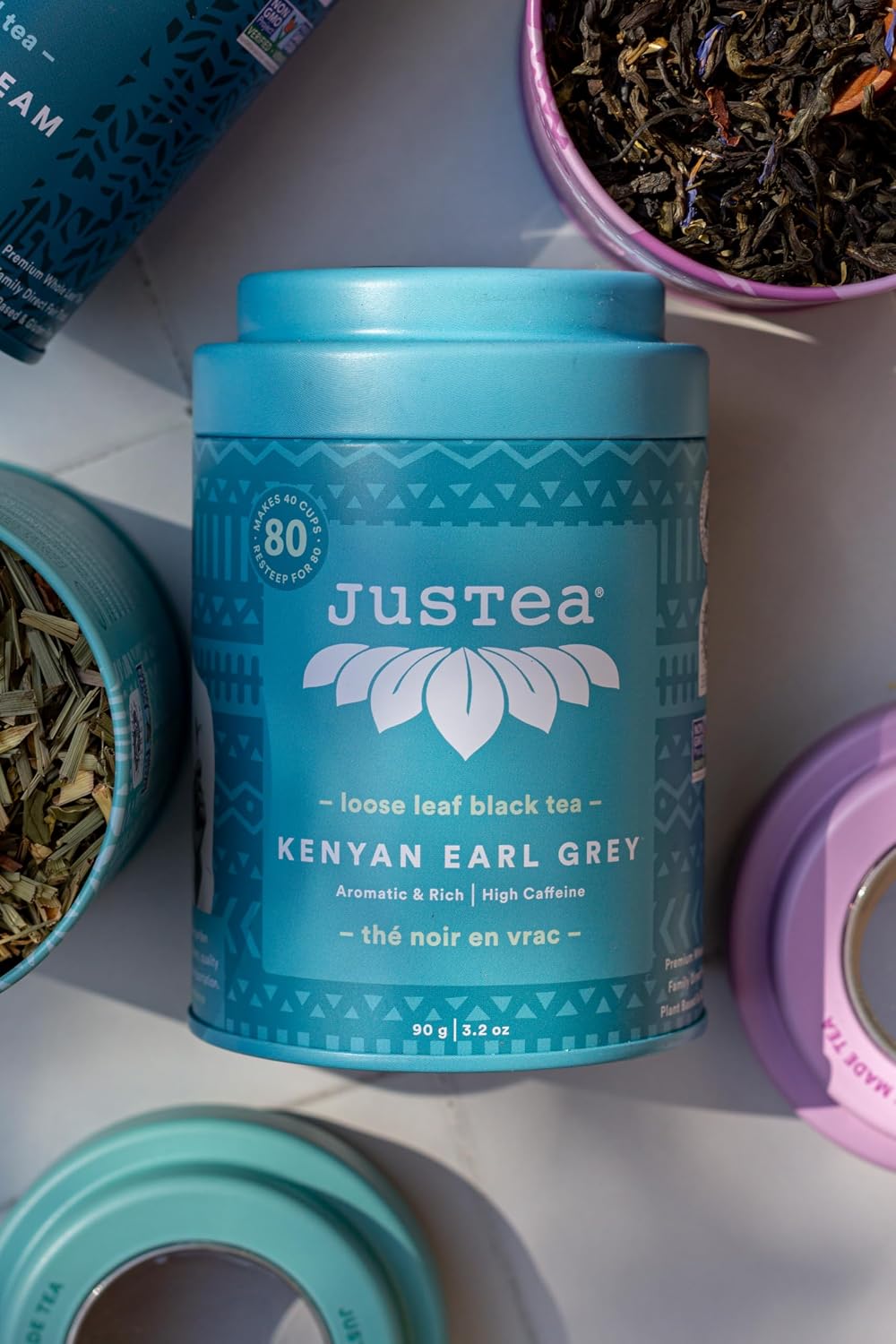 JusTea KENYAN EARL GREY Loose Black Tea, 40+ Cups Tin + Spoon, 4/5 Caffeine