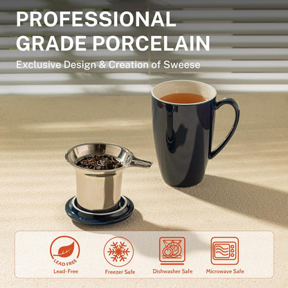 Sweese 15oz Porcelain Tea Mug with Infuser and Lid – Microwave Safe, Ergonomic Handle, Lead-Free Glaze, for Loose Leaf Tea