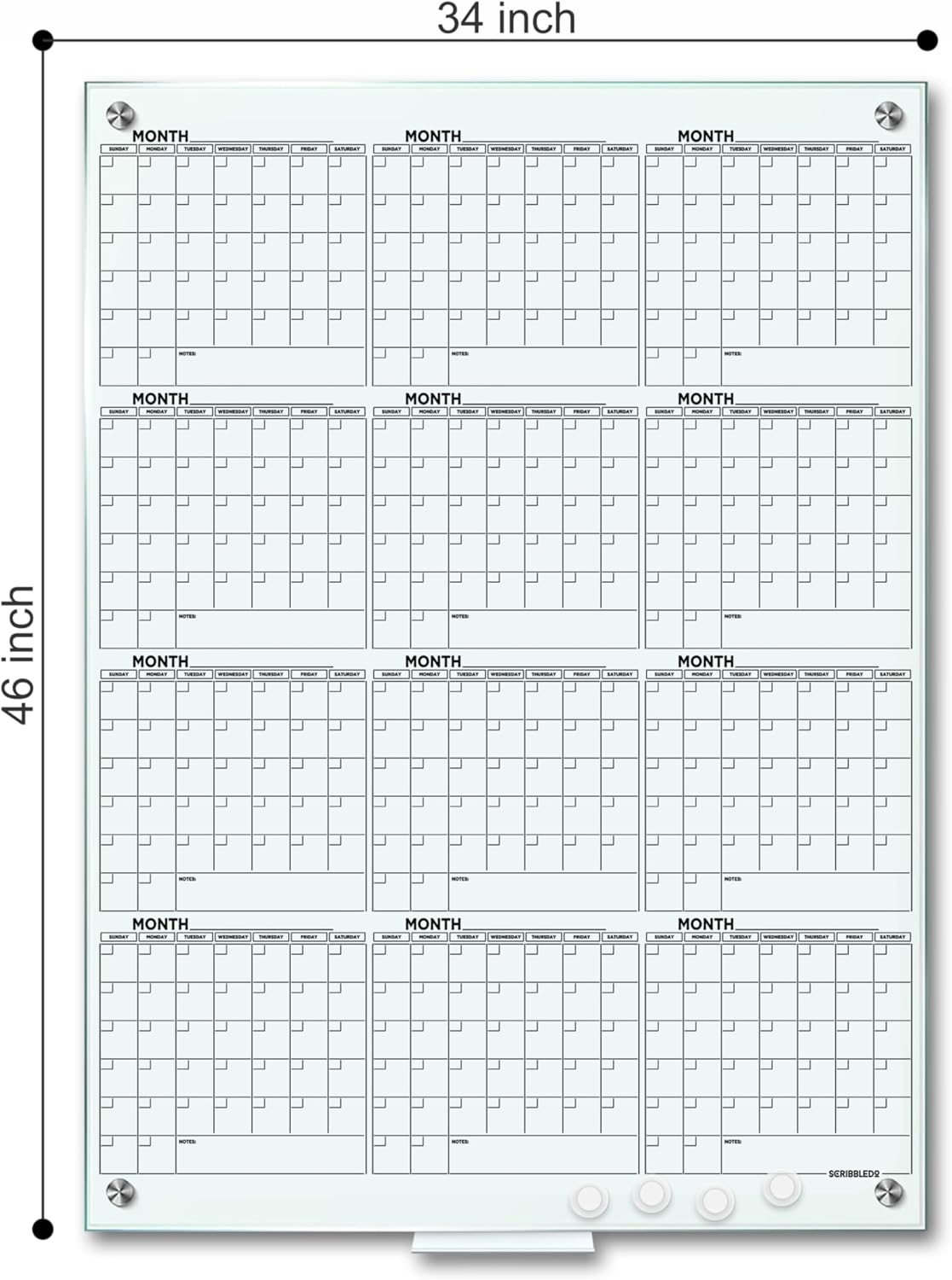 Magnetic 34”x46” Glass Whiteboard Calendar Yearly Dry Erase Planner for Wall Large Glass Whiteboard Calendars for Home and Office
