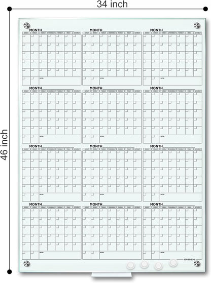 Magnetic 34”x46” Glass Whiteboard Calendar Yearly Dry Erase Planner for Wall Large Glass Whiteboard Calendars for Home and Office