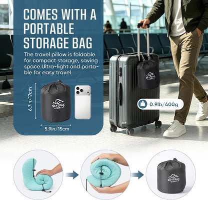 SkytraxComf® Travel Neck Pillow with Hood for Privacy on Long Flights | Memory Foam | Airplane Sleep | Safety-Tested Materials | Extra Large Hood | Chin Support | Earplugs | Washable Cover
