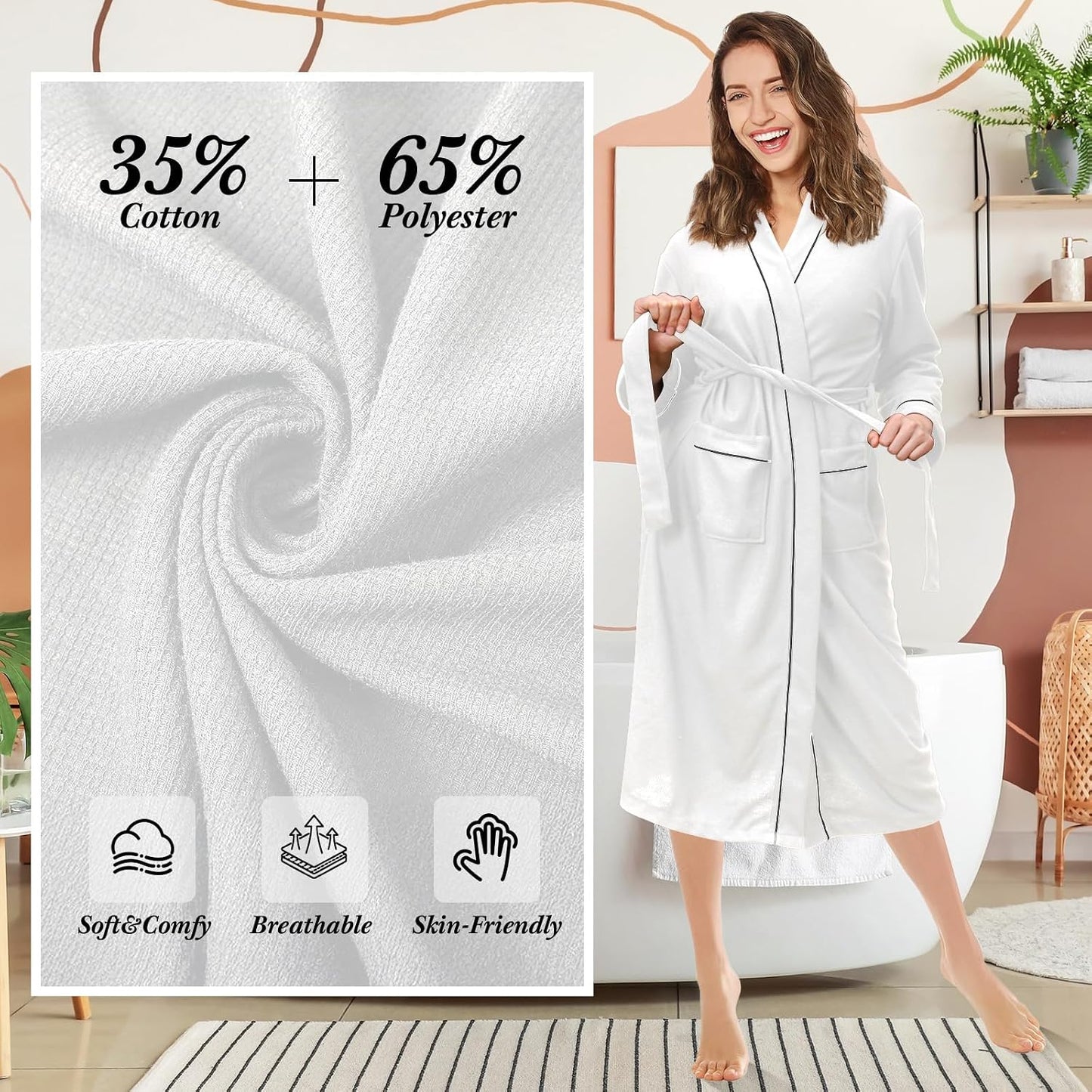 Cuffbow Cotton Robe for Women or Men Lightweight Waffle Knit Bathrobe Couple V Neck Spa Sleepwear(just 1 Set)