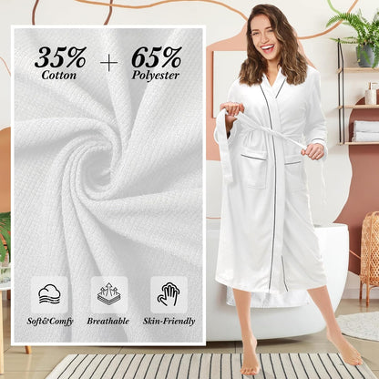Cuffbow Cotton Robe for Women or Men Lightweight Waffle Knit Bathrobe Couple V Neck Spa Sleepwear(just 1 Set)