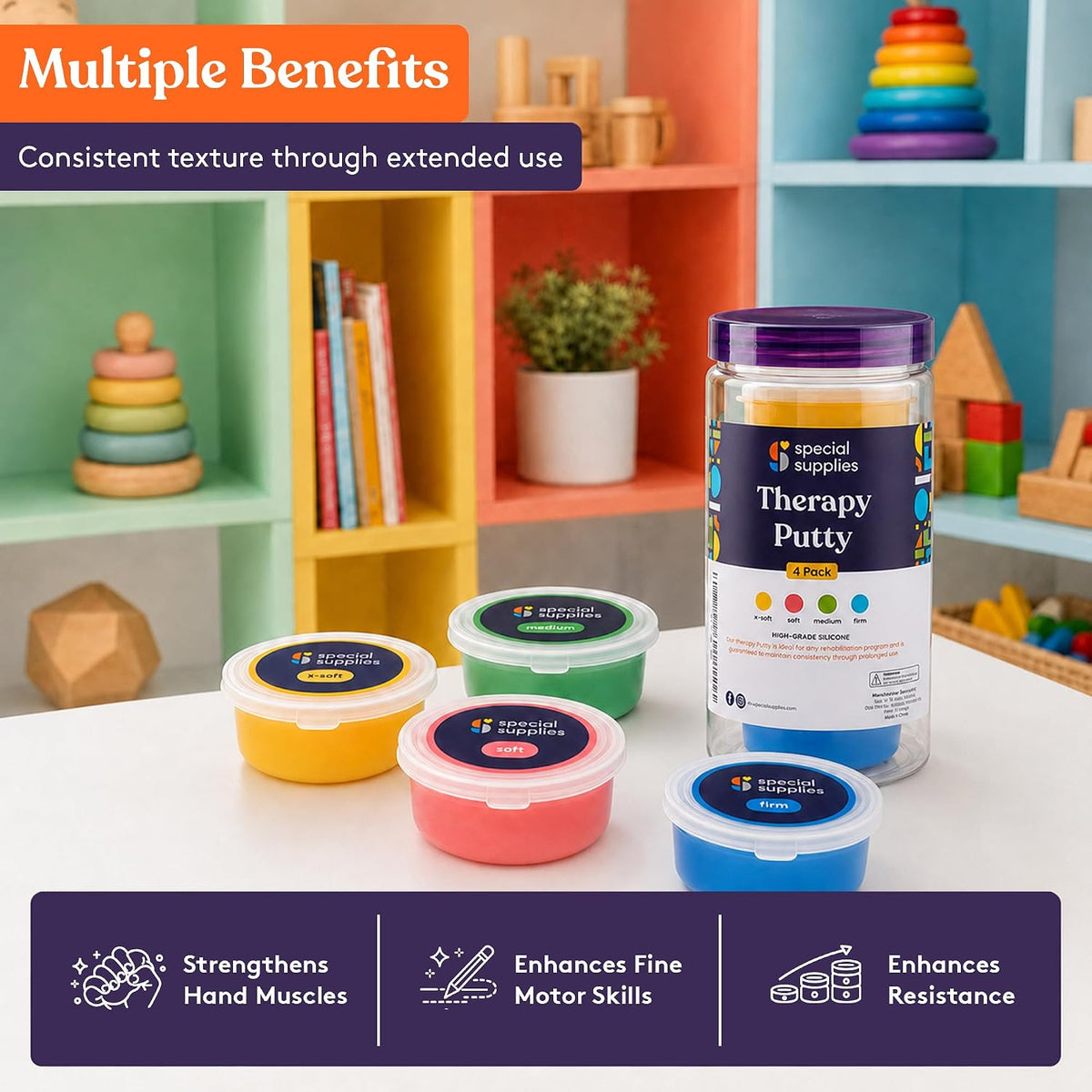 Special Supplies Therapy Putty for Kids and Adults - Resistive Hand Exercise Stress Relief Therapy Putty Kit, Set of 4 Strengths, Three Ounces of Each Putty
