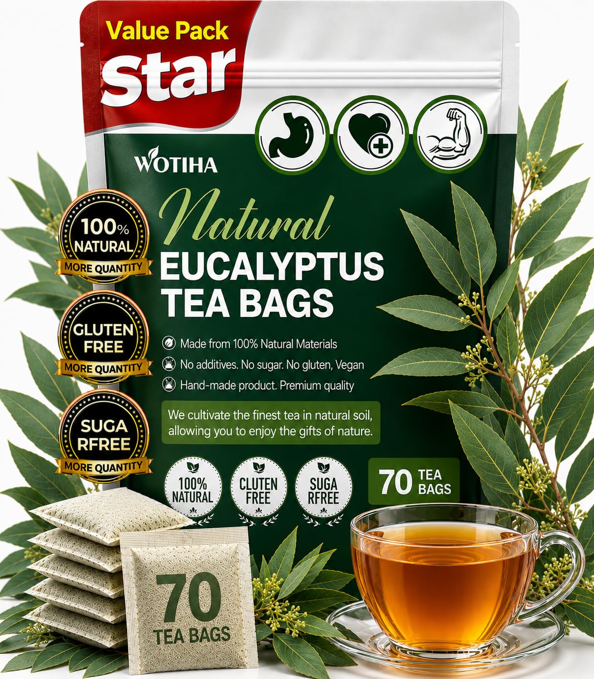 WOTIHA 60 Count Premium Lemon Balm Tea Bags - 100% Pure Natural Leaves, Lemony Citrusy Flavor, Supports Calming & Digestion, Caffeine-Free, Additive-Free, Sugar-Free, Vegan Non-GMO
