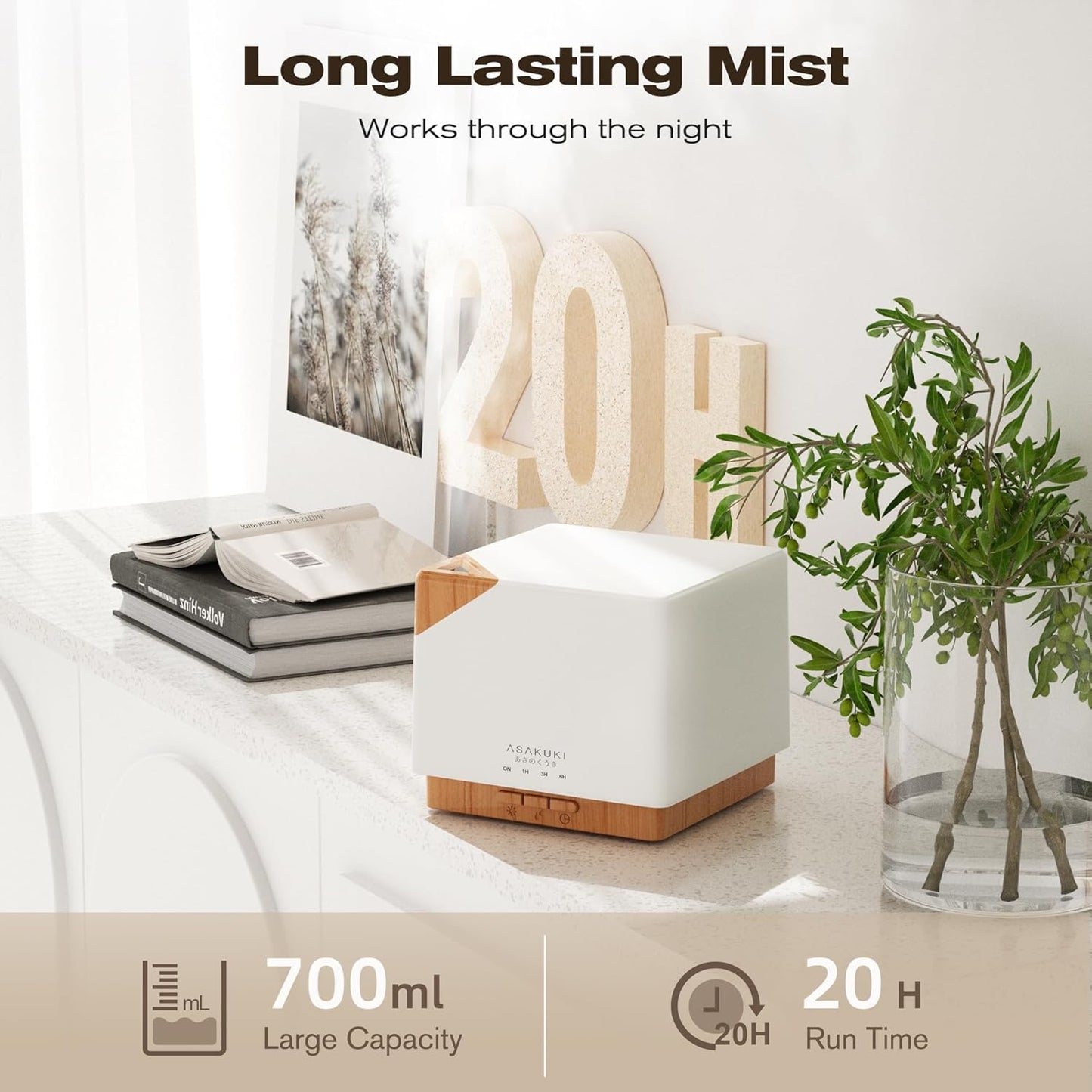 ASAKUKI Essential Oil Diffuser for Home Large 700 ml Humidifier | Automatic Shut-Off, Quiet Aromatherapy Diffuser with 7 LED Lights for Living Room, Kitchen, Bedroom, Hotel - White