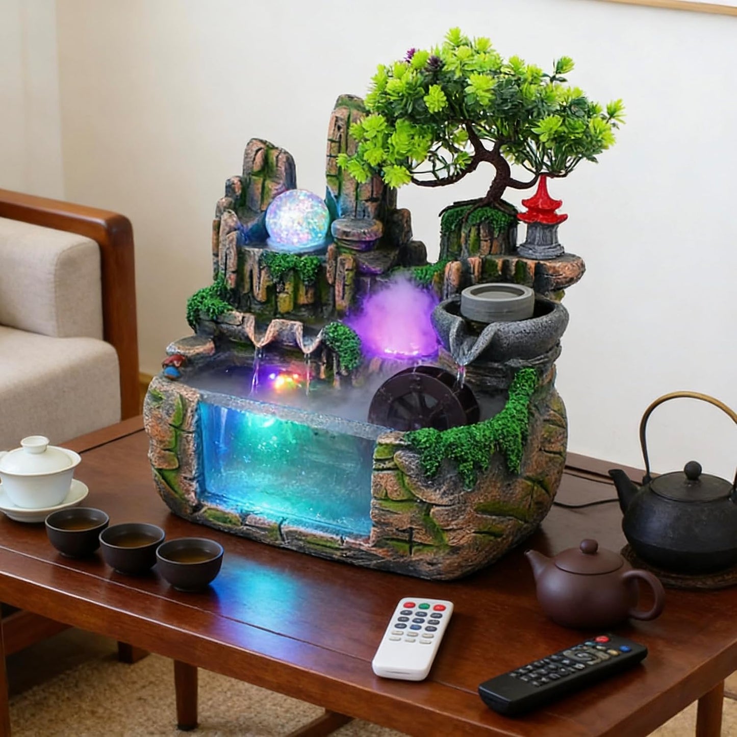 Mini Artificial Bonsai Tree Waterfall Fog Feature Rock Tabletop Fountain | 11in Desktop Decor Waterfall Fountain W/ Water Pump& Atomizer&LED Lights &Fake Tree Office Bedroom Relax