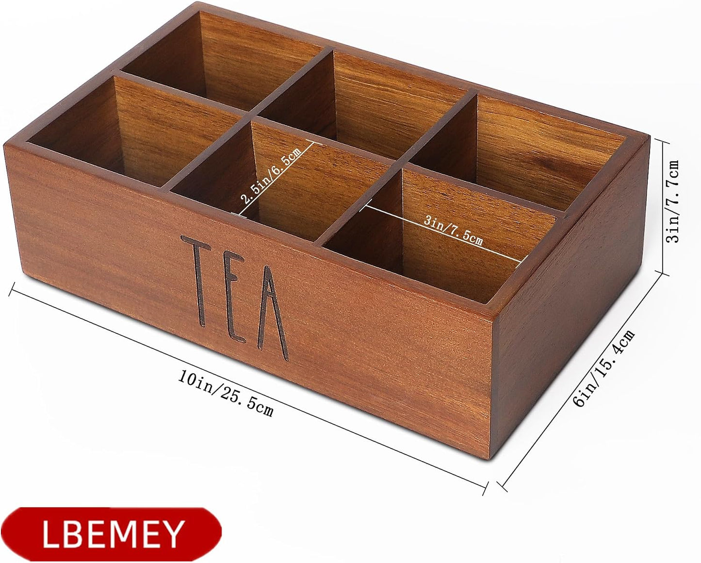 LBEMEY Tea Bag Organizer, Wood Tea Storage Containers with 6 Compartments, Sugar Packet Holder,Tea Bag Caddy Box for Cabinet Countertop Office (Brown-Labeled "Tea")