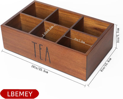 LBEMEY Tea Bag Organizer, Wood Tea Storage Containers with 6 Compartments, Sugar Packet Holder,Tea Bag Caddy Box for Cabinet Countertop Office (Brown-Labeled "Tea")