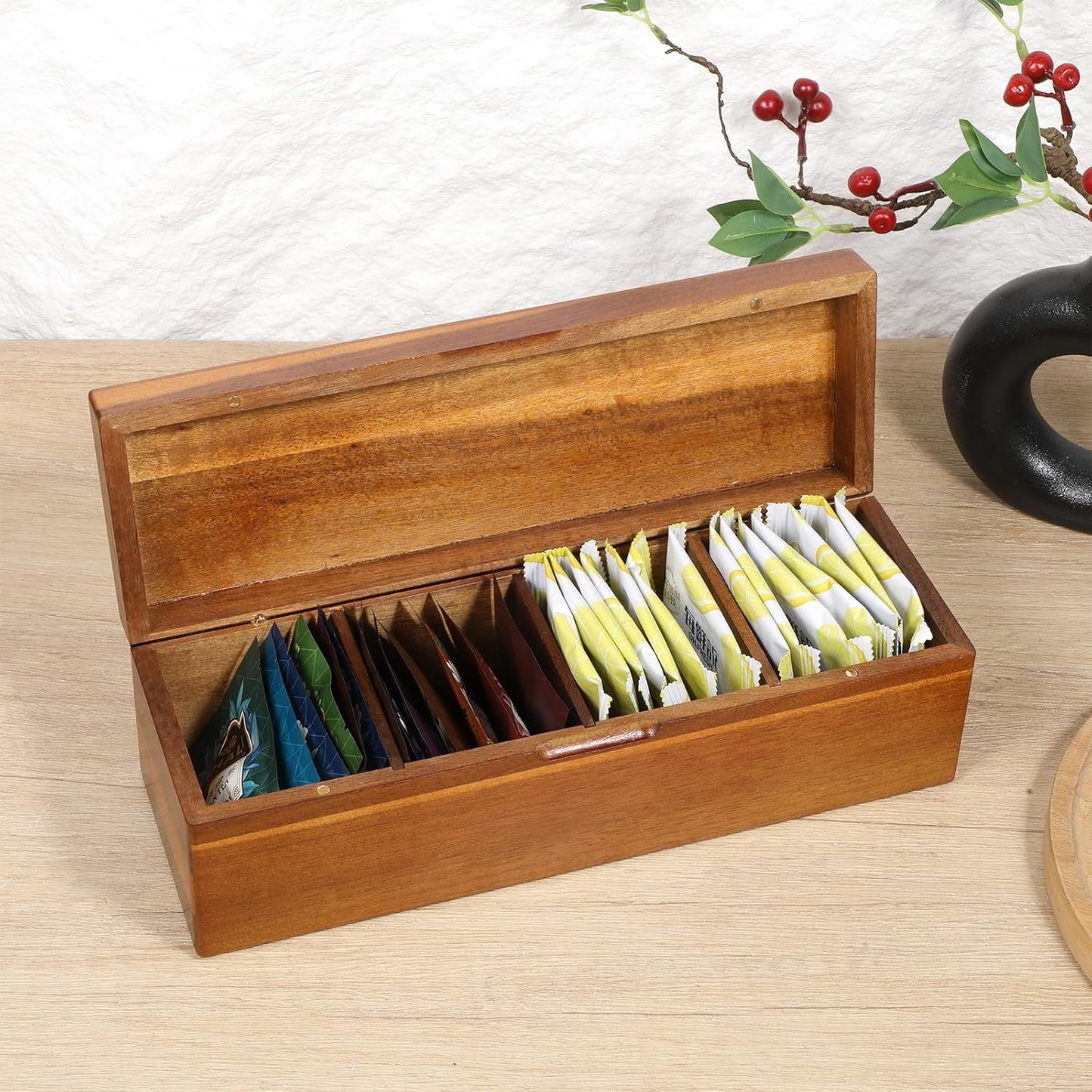 Acacia Wooden Tea Bag Organizers Drink Packet Storage Boxes Teas Caddy