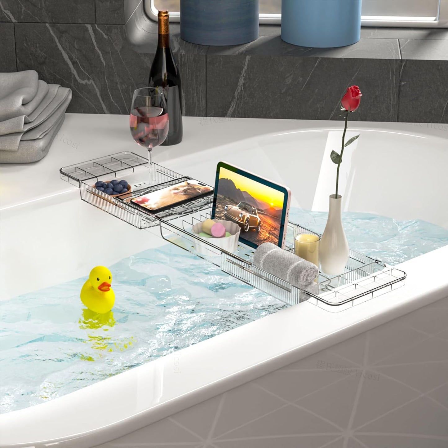 Yieach Luxury Clear Acrylic Bathtub Tray with Book Holder,Expandable Bath Tray for Tub and Bath Shelf Over Tub,Plastic Bath Table & Board,Bath Caddy Trays & Accessories for Women Relaxing Spa Gifts
