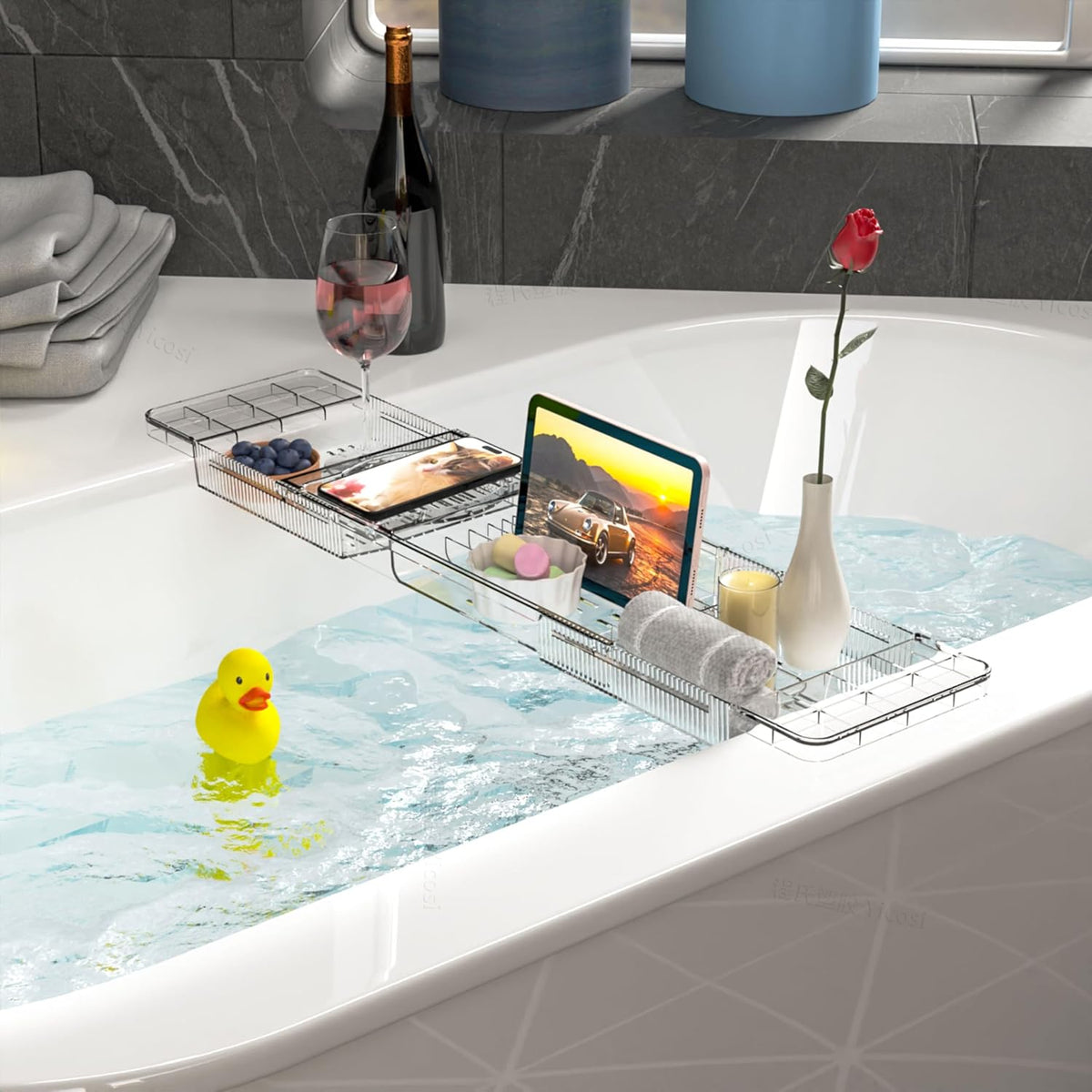 Yieach Luxury Clear Acrylic Bathtub Tray with Book Holder,Expandable Bath Tray for Tub and Bath Shelf Over Tub,Plastic Bath Table & Board,Bath Caddy Trays & Accessories for Women Relaxing Spa Gifts