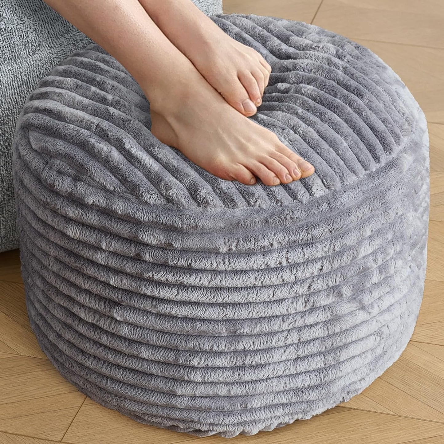 SHOUREN Stuffed Round Ottoman,Corduroy Pouf Ottoman Foot Rest with Foam Filling,Pouf Storage Ottoman Footstool for Living Room,20 X 15 Floor Poufs for Couch,Footrest Only - 20 X 15 Inches,Beige