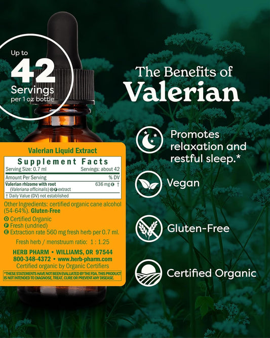 Herb Pharm Valerian Liquid Extract: USDA Organic Calming Valerian for Sleep & Relaxation, Fast-Absorbing Liquid Herbal Supplement with Valerian Root & Rhizome, Up to ~3 Week Suppl, 1 oz*