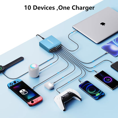 320W USB C Charger Block, MGRNPONY 10-Port GaN USB C Charging Station Black