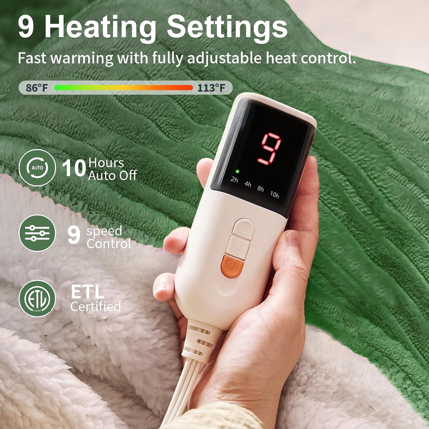 Texciting Heated Blanket Electric Blanket Throw 50''X60''-Heating Throw with 9 Heat Settings-2-10 Hours Auto Off,ETL Certified,Machine Washable (Green)