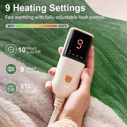 Texciting Heated Blanket Electric Blanket Throw 50''X60''-Heating Throw with 9 Heat Settings-2-10 Hours Auto Off,ETL Certified,Machine Washable (Green)