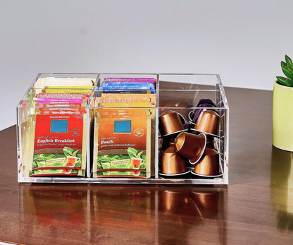 Heavy-Duty Acrylic Tea Bag Organizer, 8-Compartment Storage Box | Perfect Organizer: 8-compartment design keeps tea bags and coffee pods neatly sorted, saving space on your countertop.