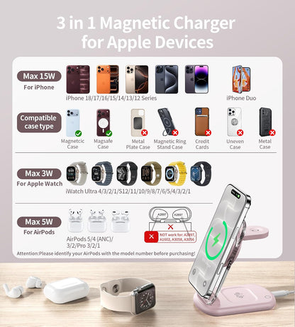 Mukiya 3 in 1 Magnetic Wireless Charging Station for Apple Devices
