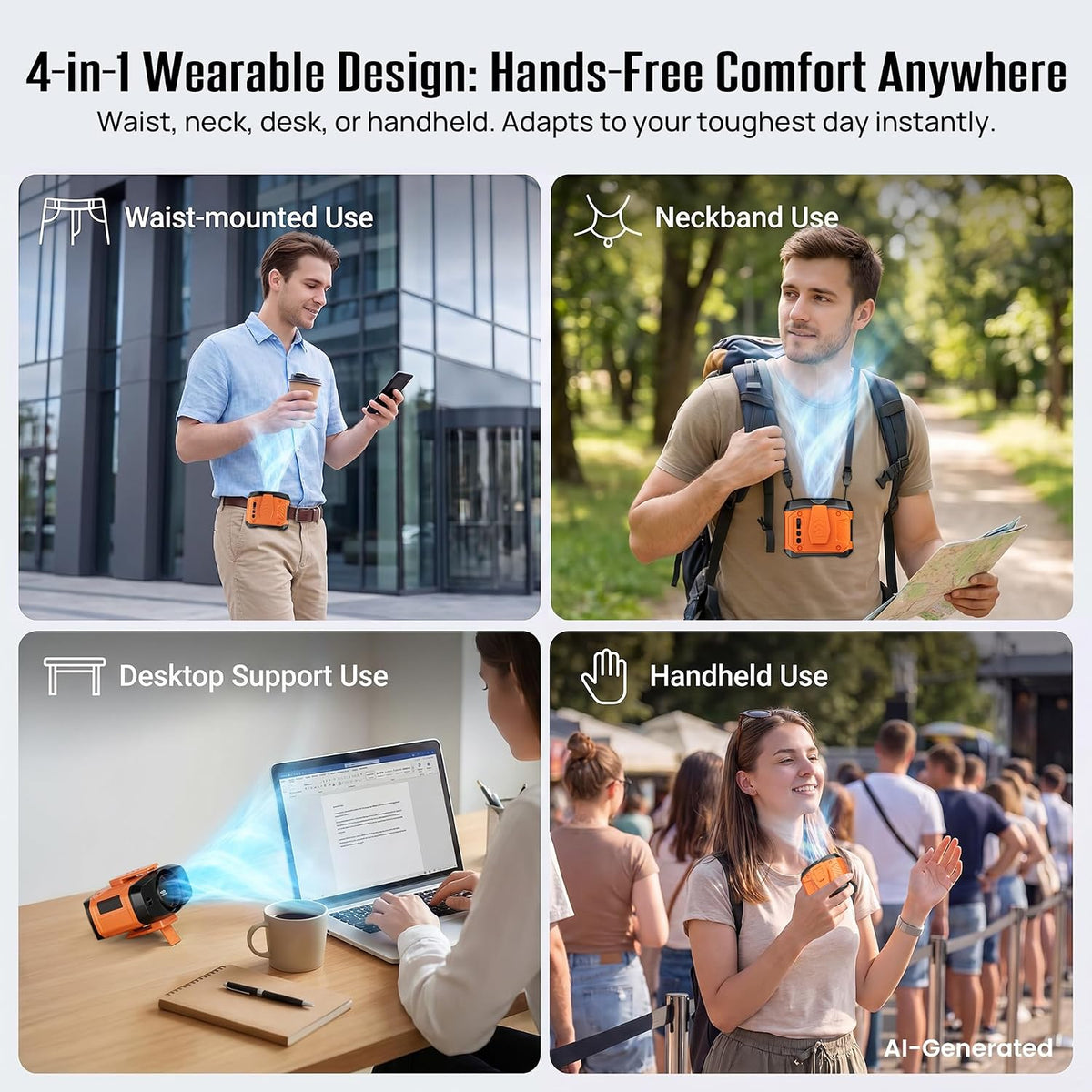 HAWANA Portable Waist Fan Clip on Fan for Shirt, 40H Max Cooling, Personal Wearable Belt Fan for Camping, Outdoor, Jobsite, Travel (Orange)