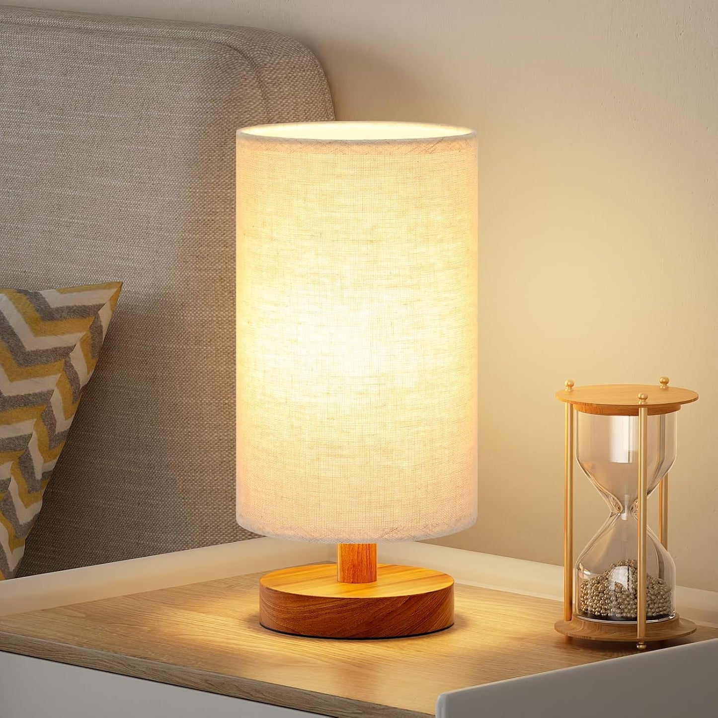 Fenmzee Small Table Lamp for Bedroom - Inline Control, Bedside Lamp with 3000K A15 LED Blub, Easy Assembly (Cream Shade - Wood Base, 9" Inline Control)