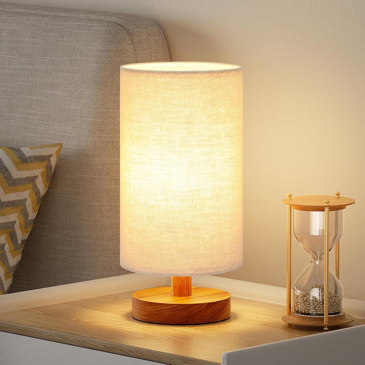 Fenmzee Small Table Lamp for Bedroom - Inline Control, Bedside Lamp with 3000K A15 LED Blub, Easy Assembly (Cream Shade - Wood Base, 9" Inline Control)