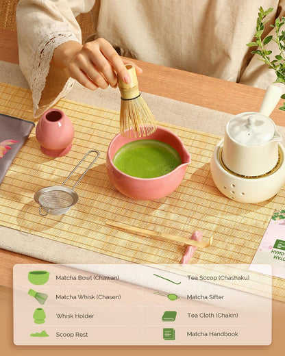 Maestri House Matcha Whisk Set, 7-Pc Complete Matcha Kit with Spouted Ceramic Bowl, Bamboo Whisk and Holder, Scoop, Spoon Rest & Sifter, Tea Cloth – Ideal Gift for Matcha Lovers (Black Stone)