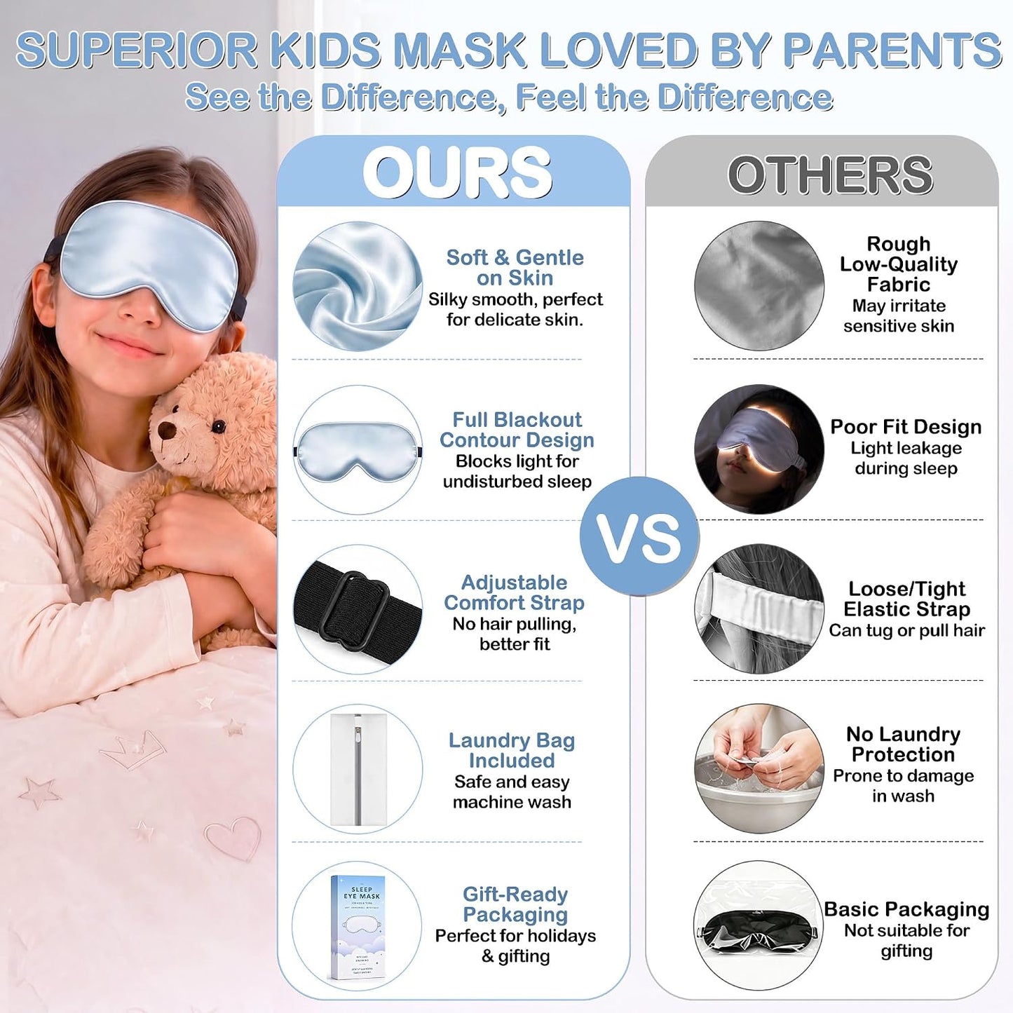 Kids Sleep Mask, Soft Eye Mask for Boys Girls with Adjustable Strap, Silk Light Blocking Sleeping Mask for Naps, Travel and Night Sleep, Includes Laundry Bag (Black)