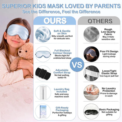 Kids Sleep Mask, Soft Eye Mask for Boys Girls with Adjustable Strap, Silk Light Blocking Sleeping Mask for Naps, Travel and Night Sleep, Includes Laundry Bag (Black)