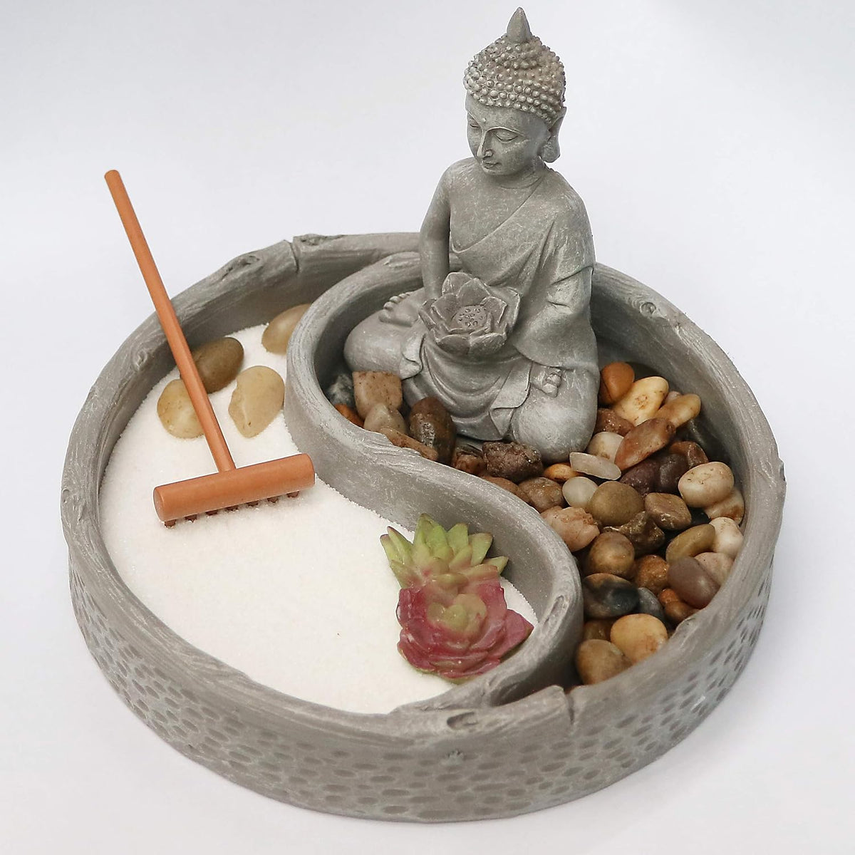 Nature's Mark Mini Zen Garden Kit for Desk with Rake, White Sand, Lotus Figure, 3 Sections Black Square Base, River Rocks and Black Rocks (9Lx9W C)