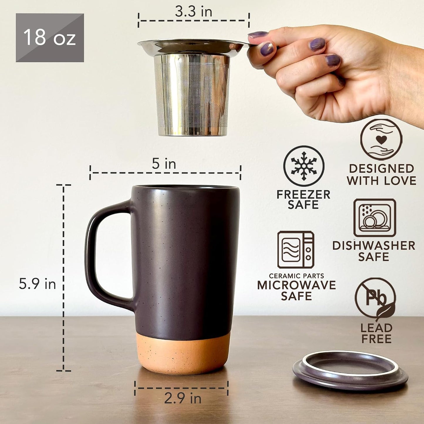 Mora Ceramics Large Tea Mug with Loose Leaf Infuser and Ceramic Lid, 18 oz, Portable, Microwave and Dishwasher Safe, Tall Coffee Cup - Rustic Matte Ceramic Glaze, Modern Herbal Tea Strainer, Olive