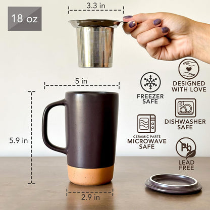 Mora Ceramics Large Tea Mug with Loose Leaf Infuser and Ceramic Lid, 18 oz, Portable, Microwave and Dishwasher Safe, Tall Coffee Cup - Rustic Matte Ceramic Glaze, Modern Herbal Tea Strainer, Olive