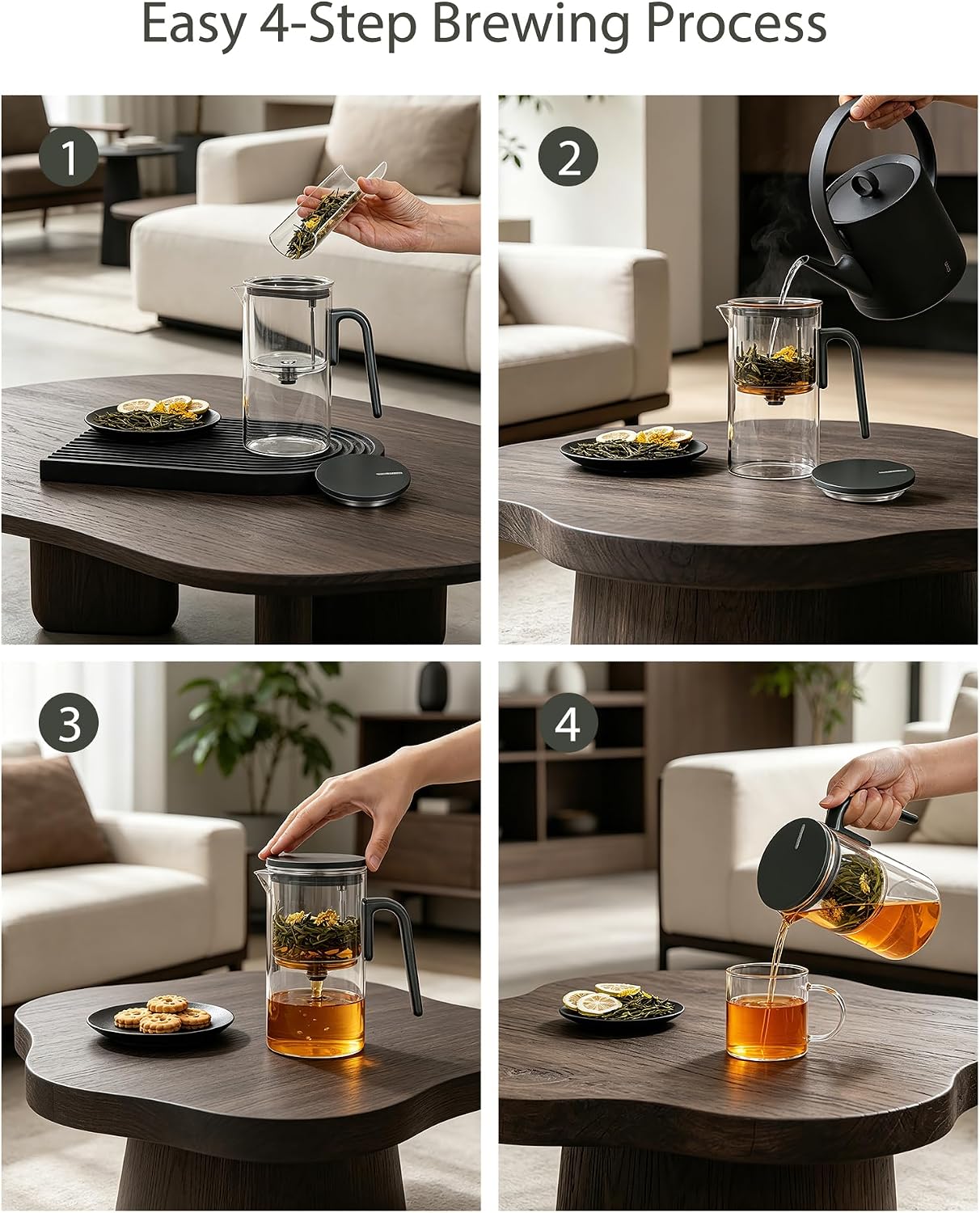 ZENS Magnetic Tea Pot, Enchanted Glass Teapot with Infuser and Magnetic Suction Lid for Mess-Free Loose Tea Diffusers, Walnut Wood Handle, Tea Lovers Gifts