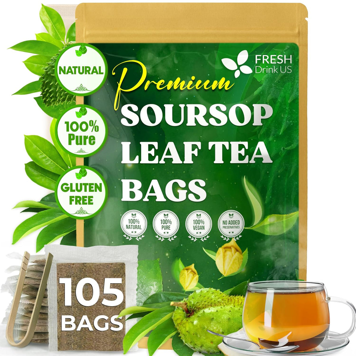 FreshDrinkUS, Premium Soursop Leaf Tea, 105 Count, Pure, Caffeine Free