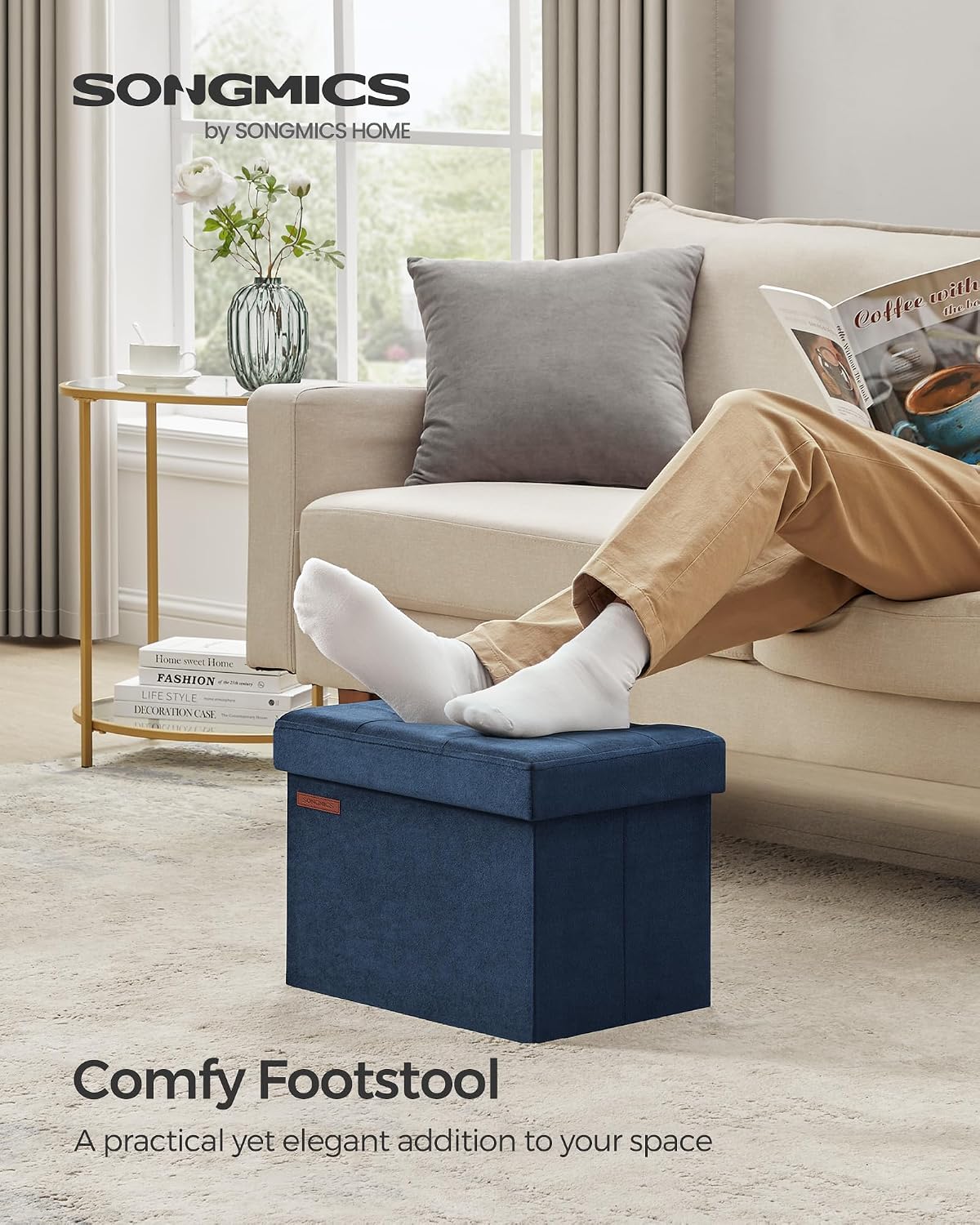 SONGMICS Small Folding Storage Ottoman, Foot Rest Stool, Cube Footrest, Synthetic Leather, 12.2 x 16.1 x 12.2 Inches, 286 lb Capacity, for Living Room, Bedroom, Dorm, Ink Black ULSF100B01