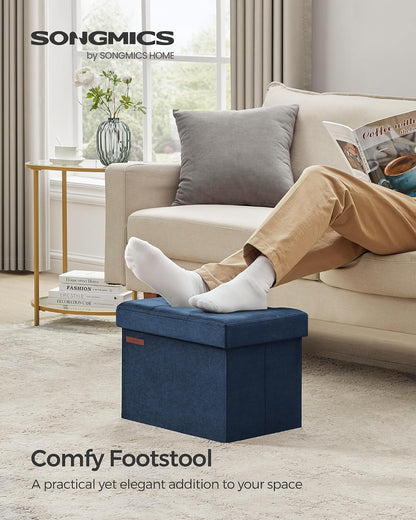 SONGMICS Small Folding Storage Ottoman, Foot Rest Stool, Cube Footrest, Synthetic Leather, 12.2 x 16.1 x 12.2 Inches, 286 lb Capacity, for Living Room, Bedroom, Dorm, Ink Black ULSF100B01