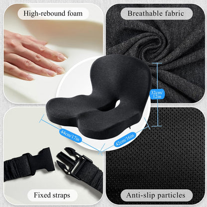 Car Seat Cushion, Memory Foam Driving Cushion with Adjustable Strap, Ergonomic Pad for Car & Semi Truck, Office Chair Cushion for Sciatica & Lower Back Pain Relief, Dark Gray