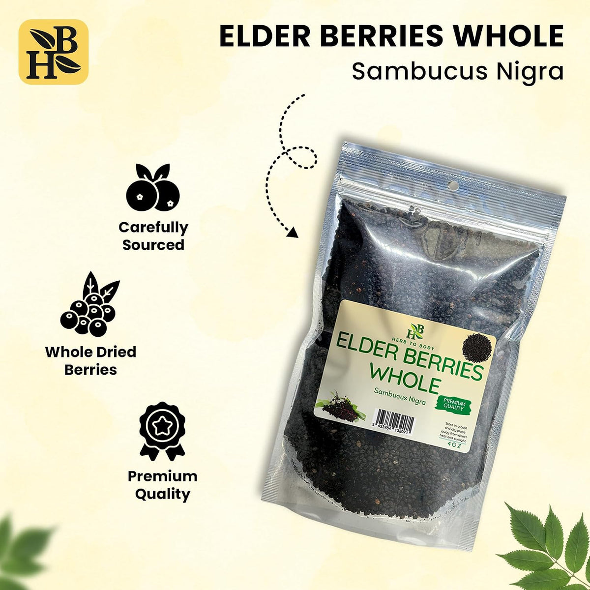 Herb To Body Organic Elderberry Dried Whole - 4oz Wildcrafted Sambucus Elderberry for Syrup, Teas, and Herbal Recipes