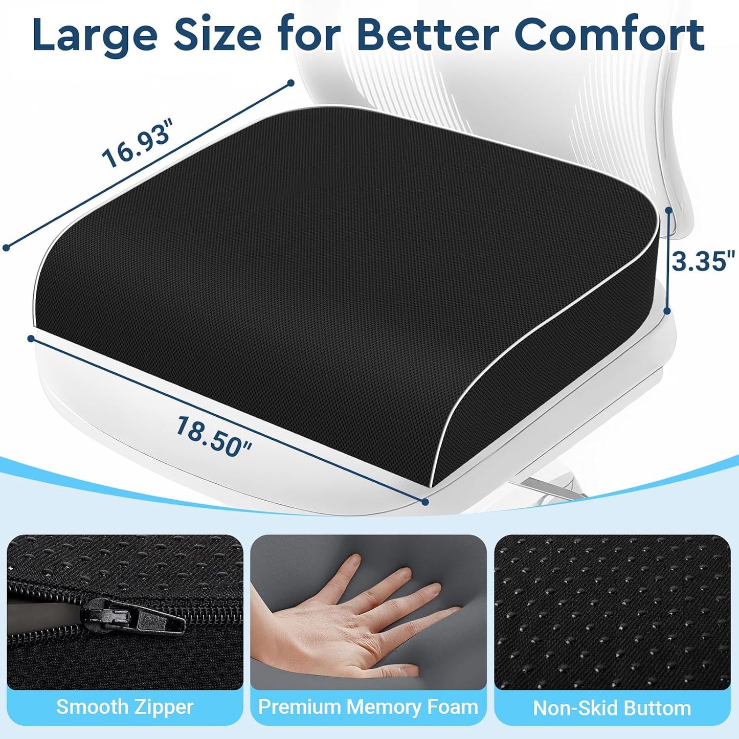 Seat Cushion, Memory Foam Office Chair Cushions for Long Sitting Hours, Chair Pad for Sciatica, Coccyx, Tailbone, Hip Pain & Pressure Relief, Office, Home, Car Seats, Airplane, Black/Large