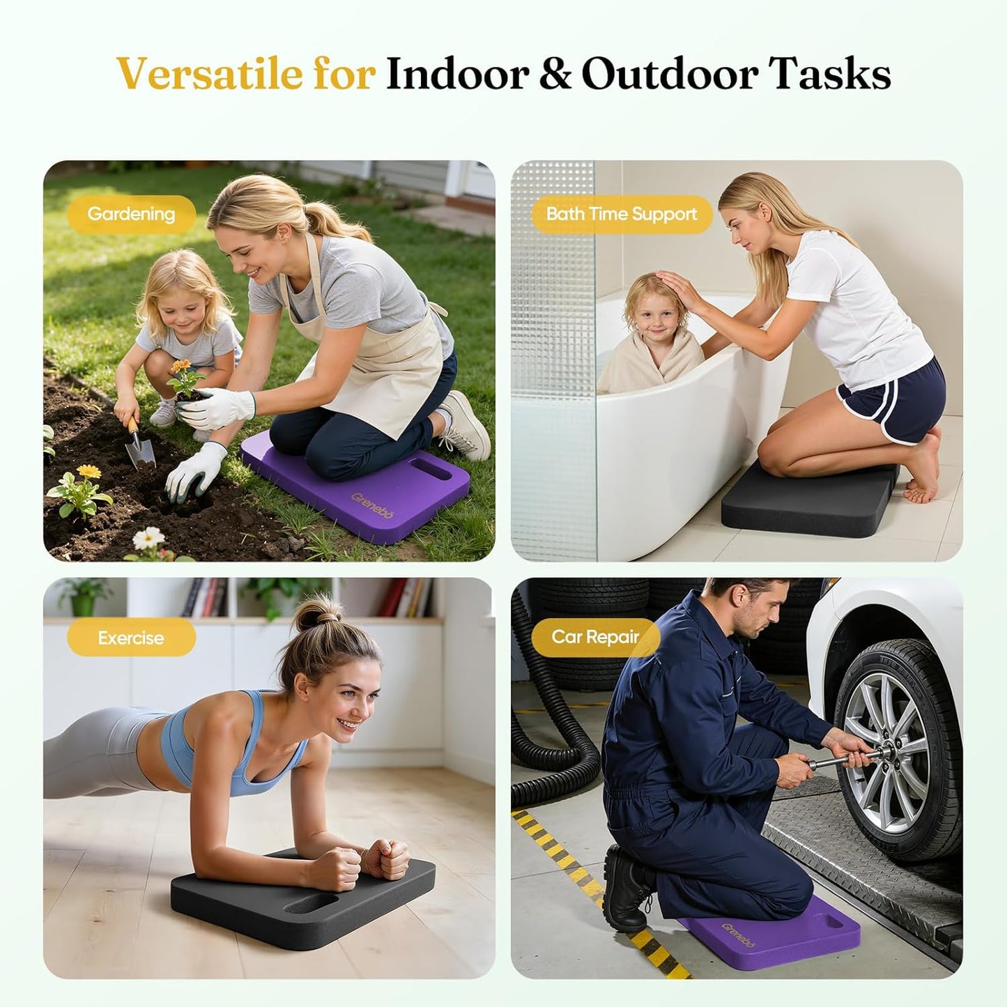 Grenebo 2-Pack 1.6" Extra Thick NBR Foam Garden Kneeling Pads, Ultra Soft Cushion Kneeling Pads for Gardening, Gardening Kneeling Pad for Baby Bathing, Work, Exercise, 17.3×11×1.6 in, Black