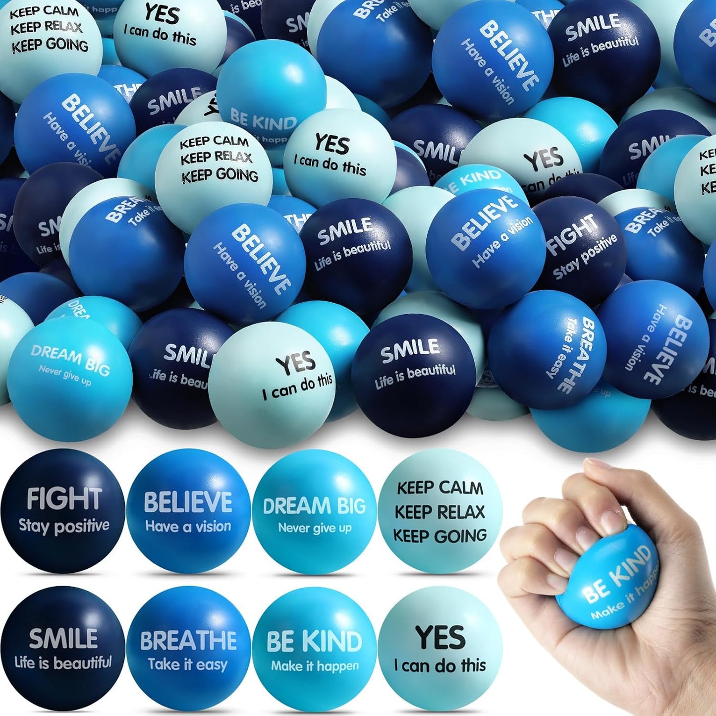 Liliful 100 Pcs Motivational Stress Balls Bulk Inspirational Squeeze Balls for Adults Anxiety Relief Fidget Toys Office Employee Gifts Classroom Rewards 2.2 Inch (Bright Colors)