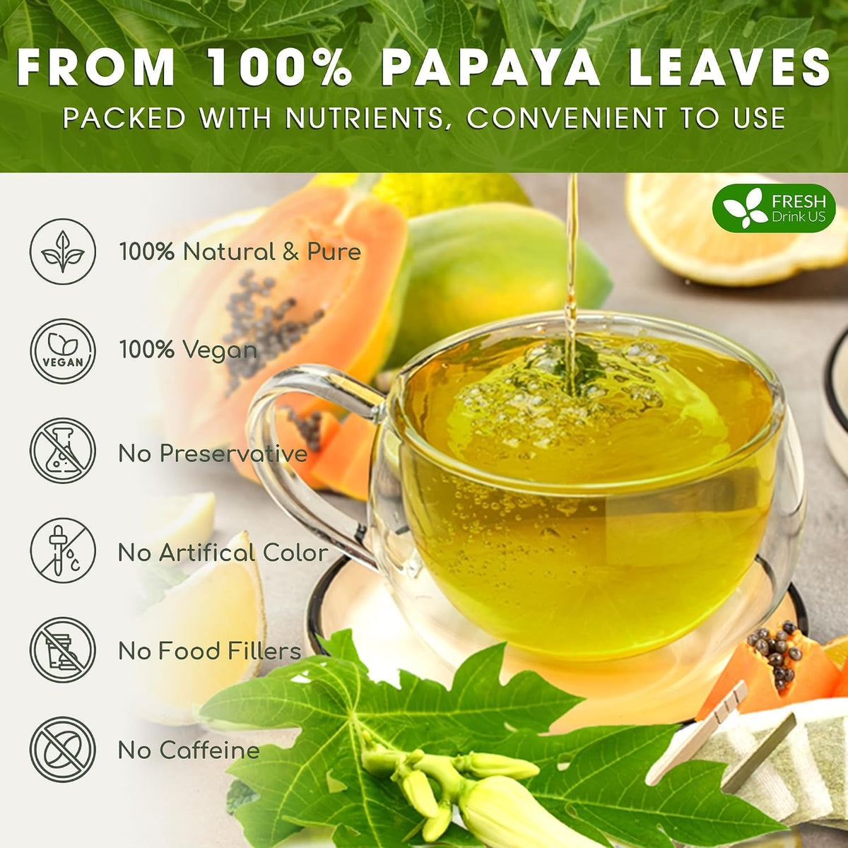 FreshDrinkUS, Premium 40 Papaya Leaf Tea Bags, 100% Natural & Pure from Papaya Leaves. Loose Leaf Herbal Tea. Made with Natural Material Tea Bags. No Sugar, No Caffeine, No Gluten, Vegan.