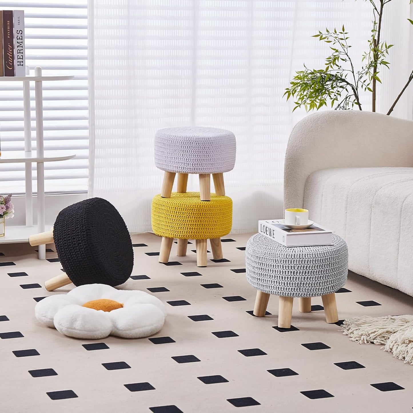 Wimarsbon Pouf Ottoman, 100% Cotton Knitted Boho Footstool, Round Footrest with Non-Skid Wood Legs, Home Décor Handmade Pouffe, Leisure Floor Step Stool for Living Room (Beige)