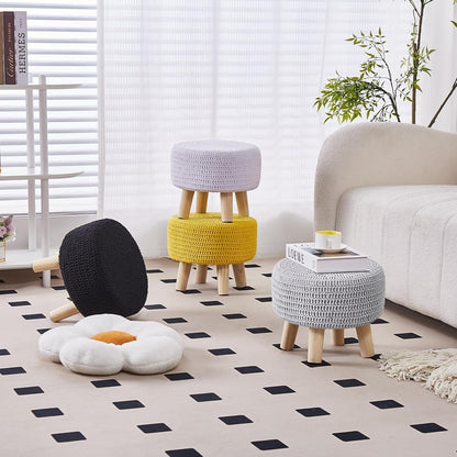Wimarsbon Pouf Ottoman, 100% Cotton Knitted Boho Footstool, Round Footrest with Non-Skid Wood Legs, Home Décor Handmade Pouffe, Leisure Floor Step Stool for Living Room (Beige)