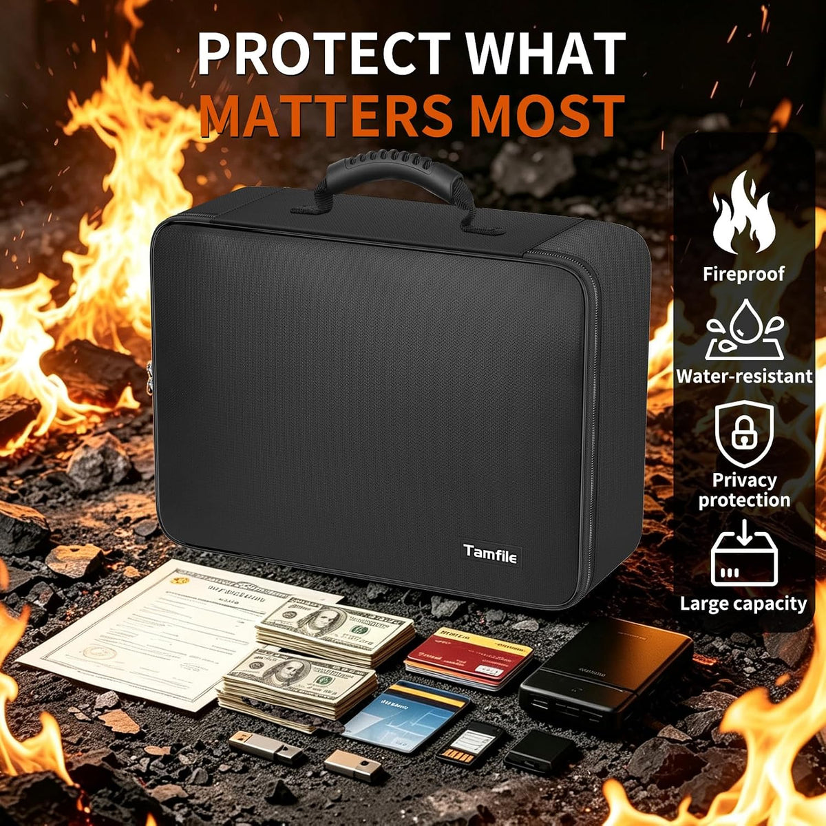 Tamfile Fireproof Document Box with Lock, Heat Insulated Safe Money Bag