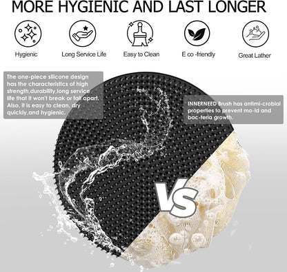 INNERNEED Food-Grade Soft Silicone Body Scrubber Shower Brush Handheld Cleansing Skin Brush, Gentle Exfoliating and Lather Well (Dark Green)