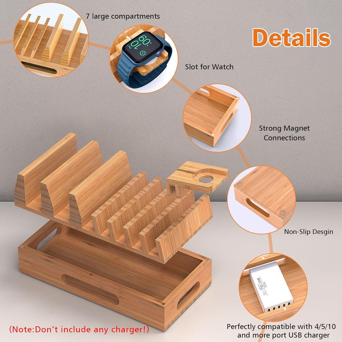 Pezin & Hulin Bamboo Charging Station with 5 Cables-Natural Bamboo