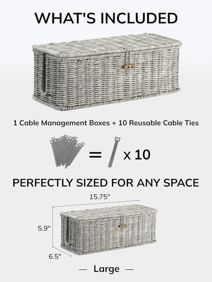 Cable Management Box, Cord Organizer with Lid & Cable Ties - Brown, L