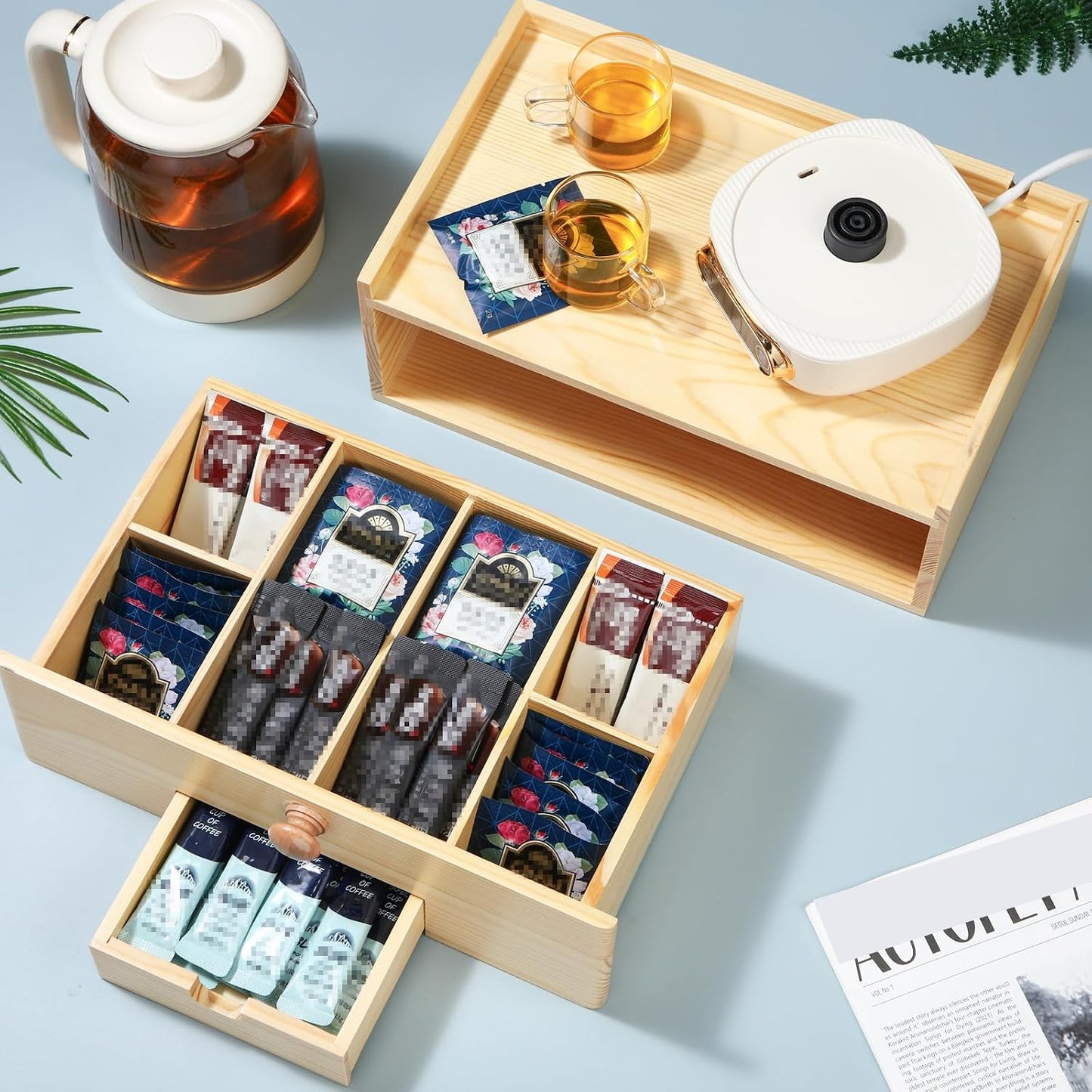 Cinnvoice Tea Bag Organizer Wood Tea Organizer Storage Box 8 Compartments Container Holder with Lid to Storage and Keep Fresh(Black)