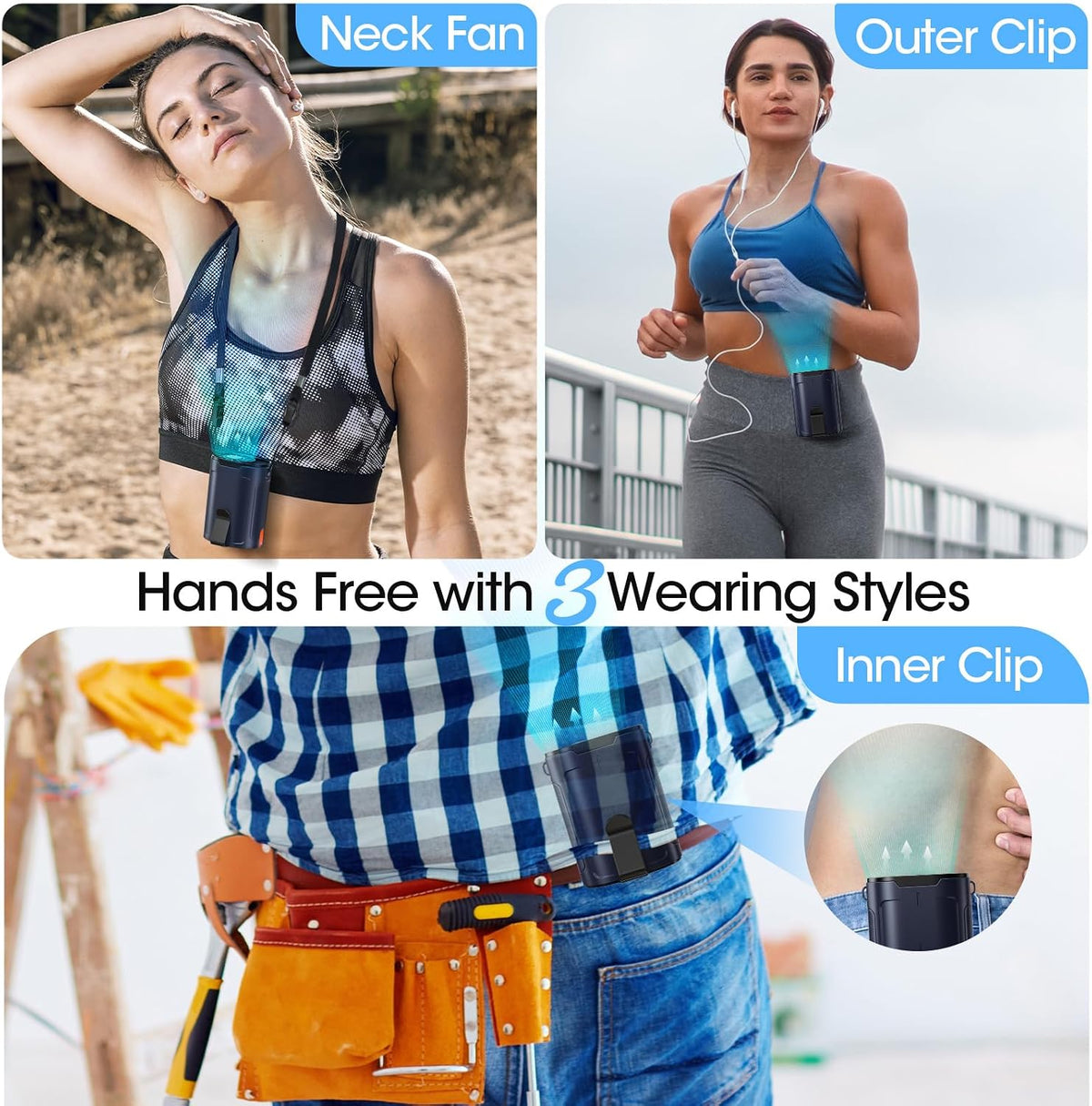 Heelkl 2026 AI Portable Fan Rechargeable, 4-Speed Strong Airflow, Personal Waist Fan with up to 25H of Working Time, Hands-Free Hanging Neck Fan, Wearable Belt Fan for Camping, Outdoor, Jobsite